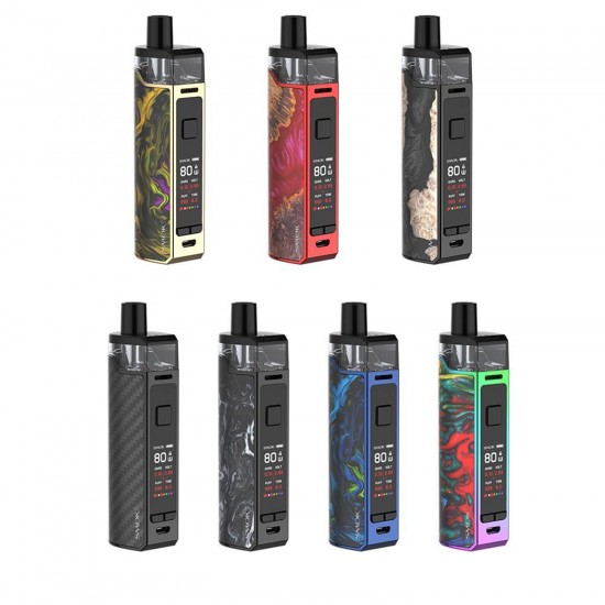 Smok RPM80 Pod Mod çeşitleri, reçine ve karbon fiber kaplama seçenekleri.