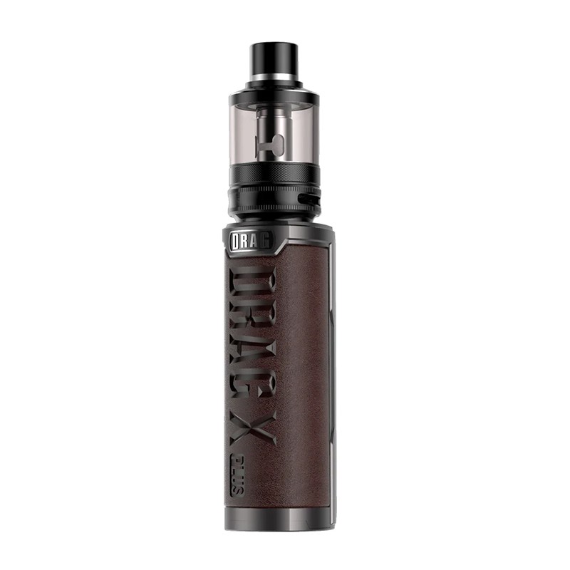 Voopoo Drag X Plus Pod mod kahverengi deri, siyah detaylı elektronik sigara.