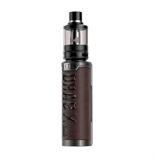 Voopoo Drag X Plus Pod mod kahverengi deri, siyah detaylı elektronik sigara.