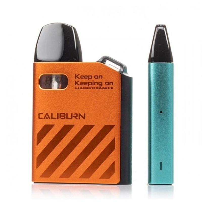Uwell Caliburn AK2 Pod Mod turuncu ve mavi renkli, kompakt elektronik sigara.