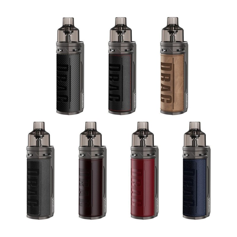 Voopoo Drag S Pod Mod çeşitleri: karbon, deri ve farklı renk seçenekleri.