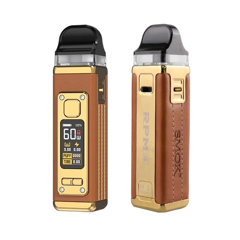 Smok RPM 4 Pod Kit kahverengi deri ve altın renkli, dijital ekranlı.