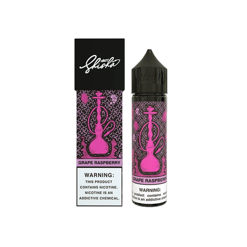 Nasty Juice Shisha Grape Raspberry Likit şişesi ve kutusu.