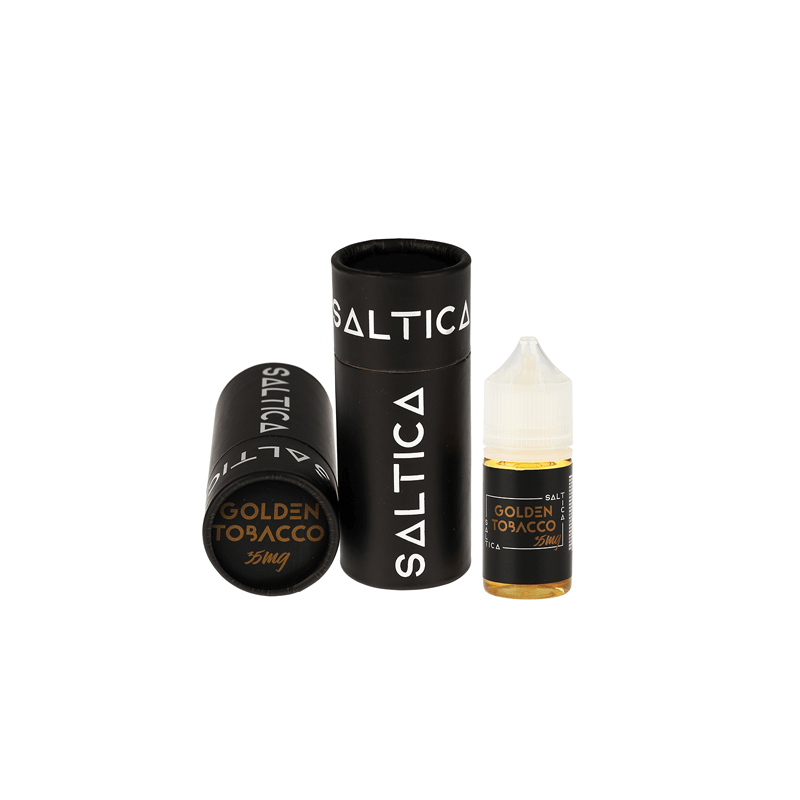 Saltica Golden Tobacco Salt Likit 35mg şişe ve siyah kutu ambalajı.