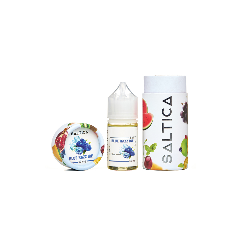 Saltica Blue Razz Ice Salt Likit 50 mg şişe ve kutu görseli.