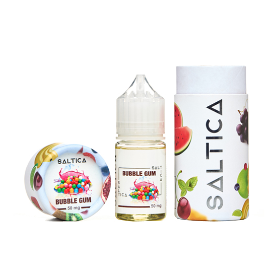 Saltica Bubble Gum Salt Likit 50mg şişe ve kutu seti.