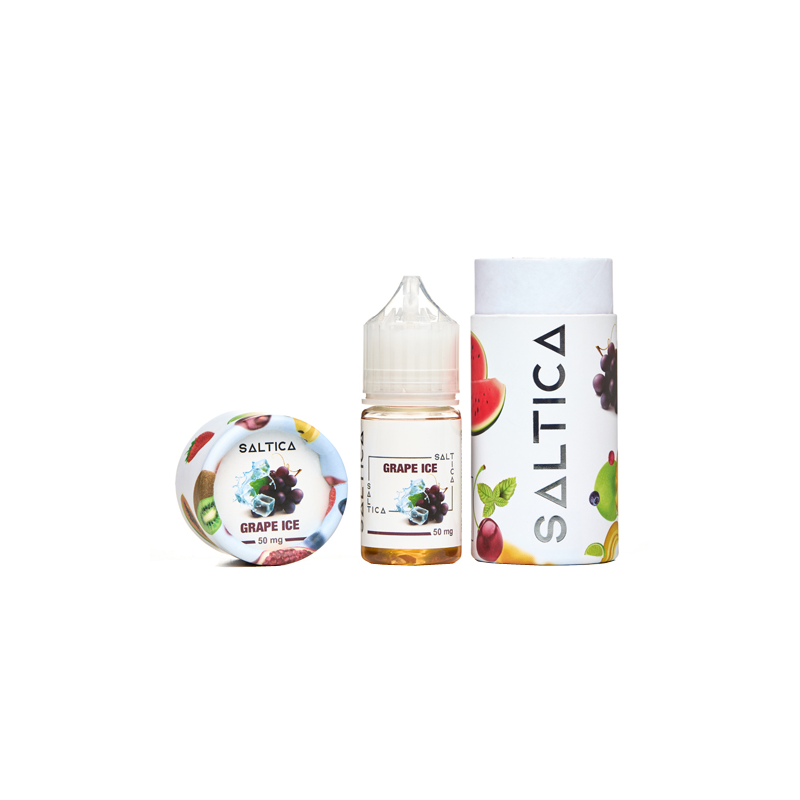 Saltica Grape Ice Salt Likit 50 mg şişe ve ambalaj seti.