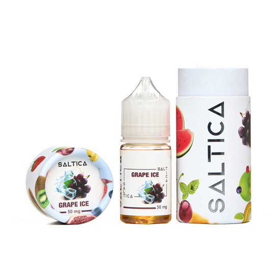 Saltica Grape Ice Salt Likit 50 mg şişe ve ambalaj seti.