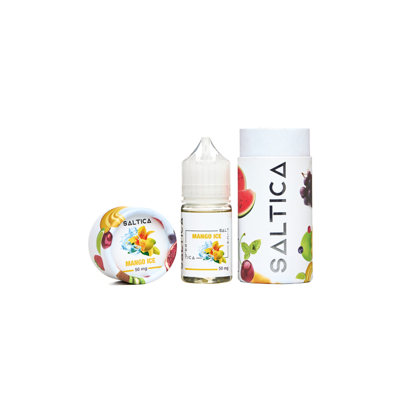 Saltica Mango Ice Salt Likit 50 mg şişe ve kutu seti.