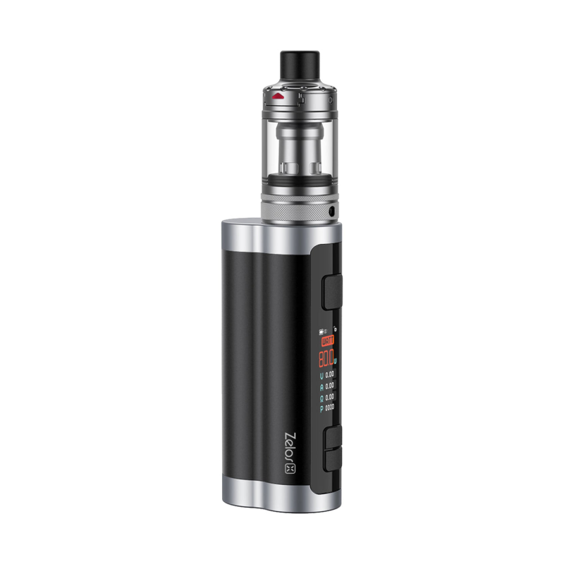 Aspire Zelos X Kit siyah ve gümüş renkli, ayarlanabilir watt ekranlı elektronik sigara.