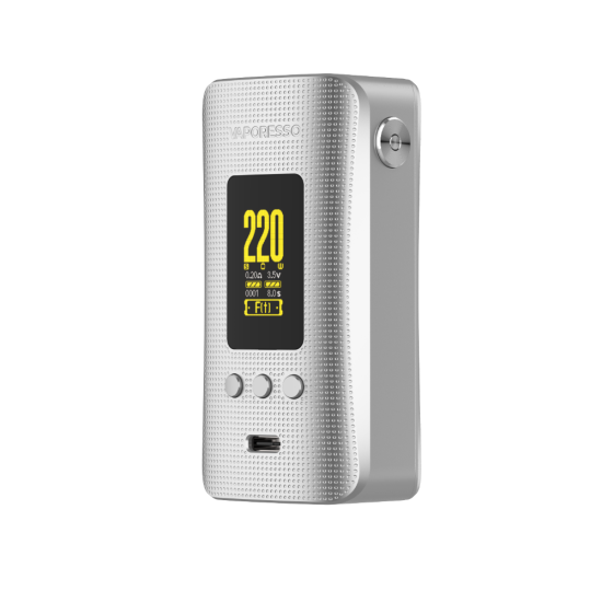 Vaporesso Gen 200 Mod gümüş renkli, yüksek wattlı elektronik sigara cihazı.