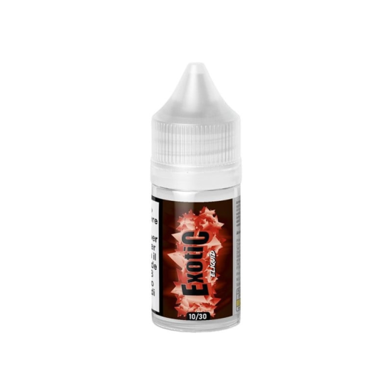 E-liquid France Exotic Salt Likit, kırmızı grafikli beyaz şişe.