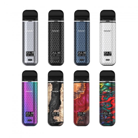 Smok Novo X Pod Mod çeşitleri, renk ve desen seçenekleri, dijital ekran.